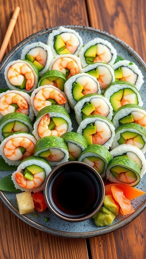 A platter of shrimp sushi rolls with avocado, cucumber, and shrimp, served with soy sauce and garnished with pickled ginger.